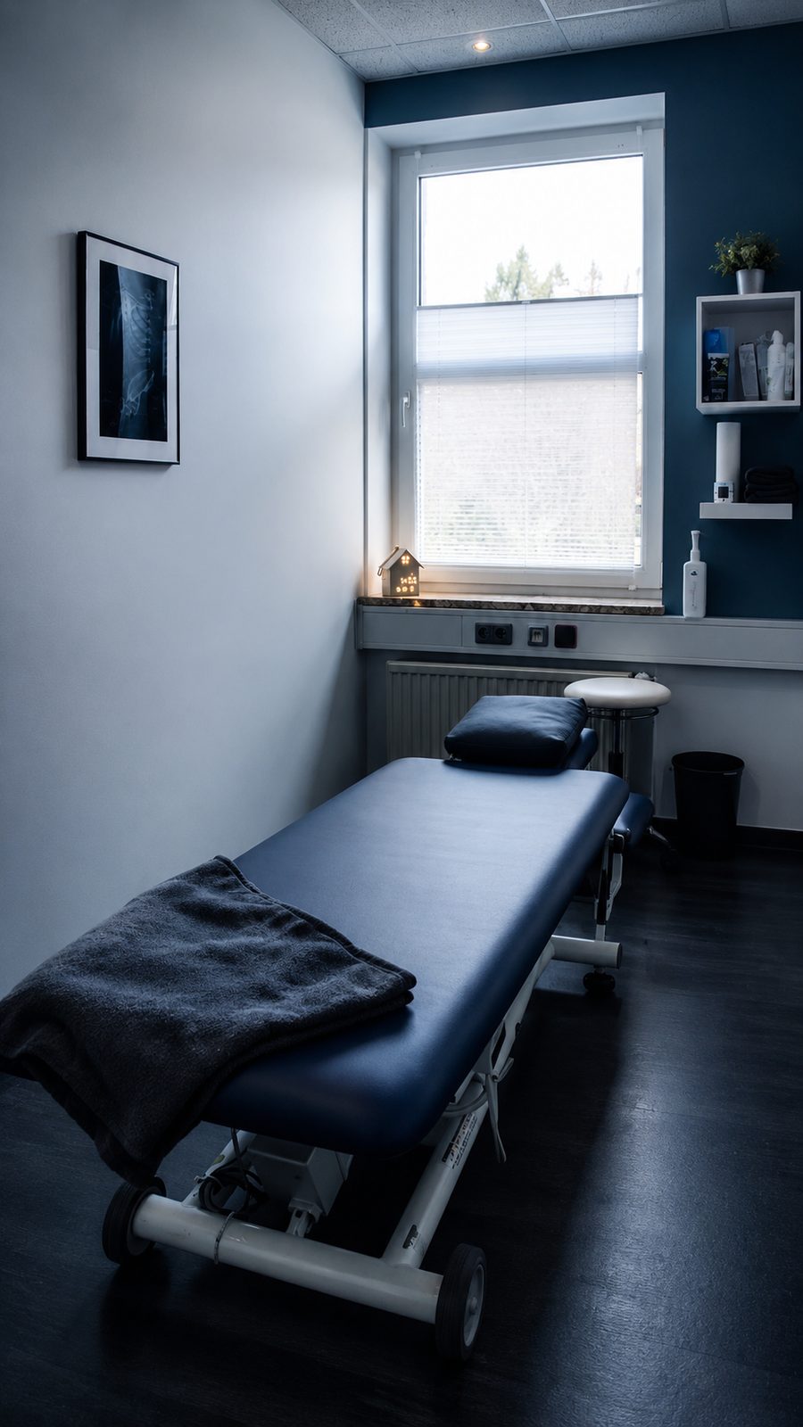 KI-generierte Visualisierung: Behandlungsraum mit Therapieliege und Tageslicht